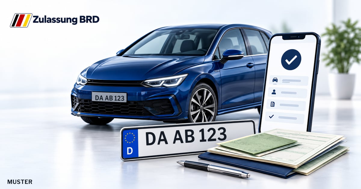 Online Fahrzeugzulassung in Weiterstadt: Musterkennzeichen DA AB 123, Auto und Fahrzeugpapiere und Smartphone. Illustration mit Logo von Zulassung BRD.